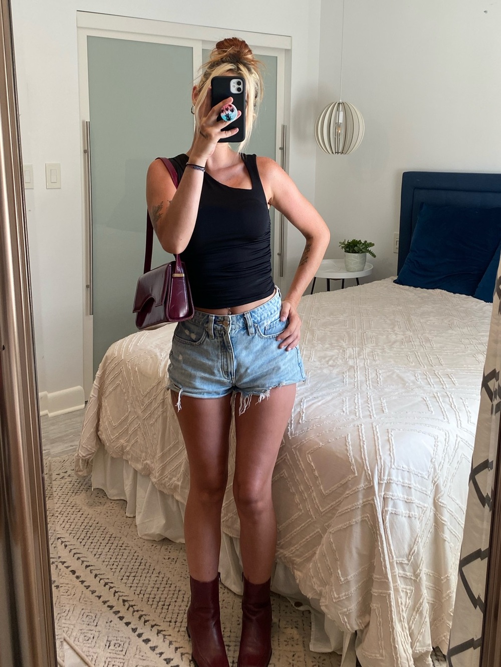 Forever 21 Black Tank Top with Light Blue Denim Shorts and Burgundy Bag